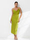 Sommer Maxi Abend Damenkleid Slip Dress Satin Drapierung Grün