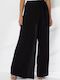 Women's Fabric Trousers with Rubber Band in Loose Fit Black