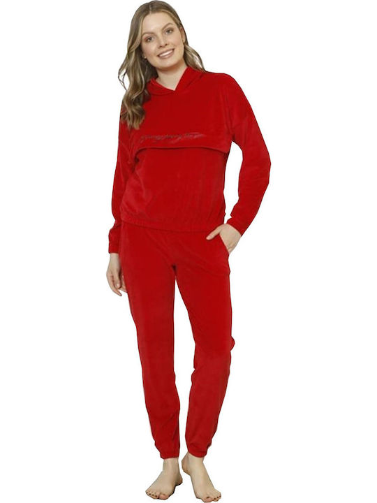 Snc Women's Christmas Velvet Pyjama Hood Pocket Red