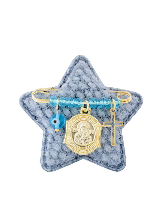 Child Safety Pin made of Gold Plated Silver with Cross and Icon of the Virgin Mary for Boy
