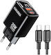 Kakusiga Φορτιστής με Θύρα USB-A και Θύρα USB-C και Καλώδιο USB-C - USB-C 25W Power Delivery / Quick Charge 3.0 Μαύρος (KSC-1615)