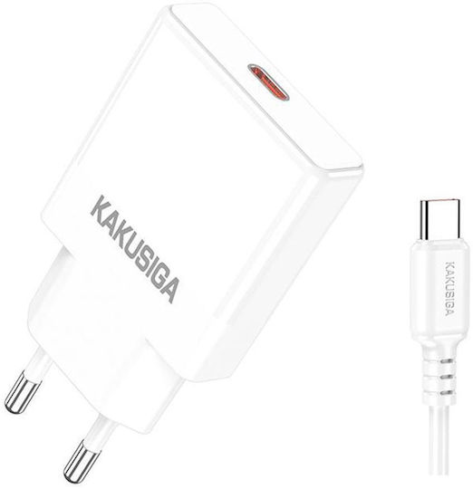 Kakusiga Φορτιστής με Θύρα USB-C και Καλώδιο USB-C - USB-C 25W Power Delivery Λευκός (KSC-1266)