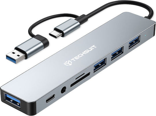 Techsuit Databridge 8-in-1 (H9) USB-Hub 5 Schnittstellen USB 3.2 mit Anschluss an einen Computer USB-A / USB-C Graues