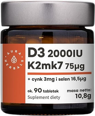 Aura Herbals Witamina D3 2000 IU + K2 + Cynk + Selen Витамин за Здравето на костите 2000иу 90 Таблетки