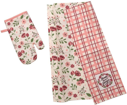 Viopros Tea Towel Made of 100% Cotton in Pink Colour 40x60cm 3 Pieces