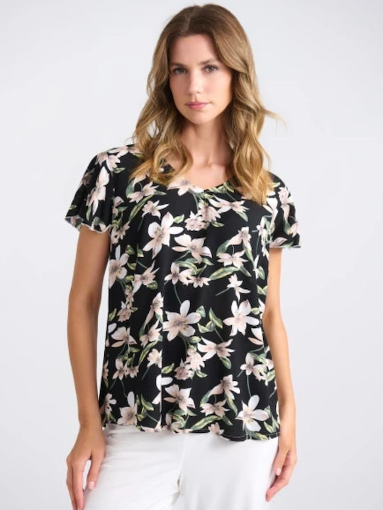Women's Blouse Short Sleeve with V Neckline Floral Black