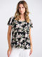 Women's Blouse Short Sleeve with V Neckline Floral Black