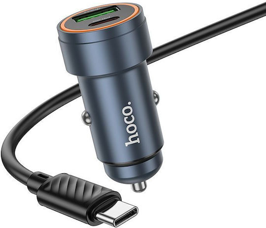 Hoco Автомобилен Зарядно Устройство 30W 3A Бързо Зареждане с Портове 1xUSB-A 1xType-C с Type-C Кабел Черен Цвят