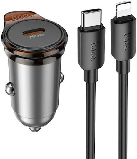 Hoco NZ16 Зарядно за кола 30W Бързо Зареждане с един Порт: 1xType-C заедно с Кабел Lightning Сив Цвят