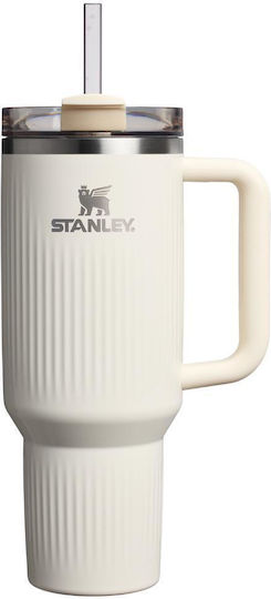 Stanley Quencher H2.0 Fluted Handled Tumbler Thermos Stainless Steel BPA Free 1.18lt Cream Gloss with Straw and Handle