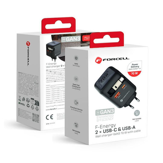 Forcell Φορτιστής Χωρίς Καλώδιο GaN με Θύρα USB-A και Θύρα USB-C 70W Power Delivery / Quick Charge 4.0 Γκρι (F-Energy VT-R7)