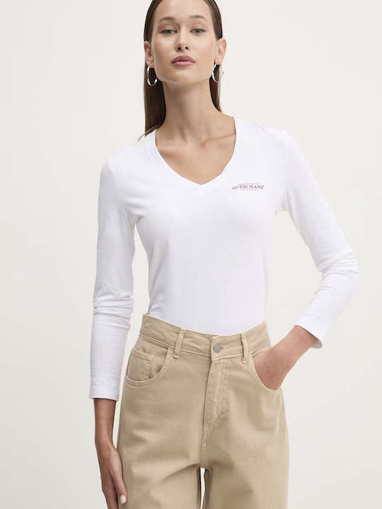 Women's Blouse Long Sleeve with V Neckline White