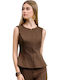 Women's Blouse Cotton Sleeveless with Zipper Brown