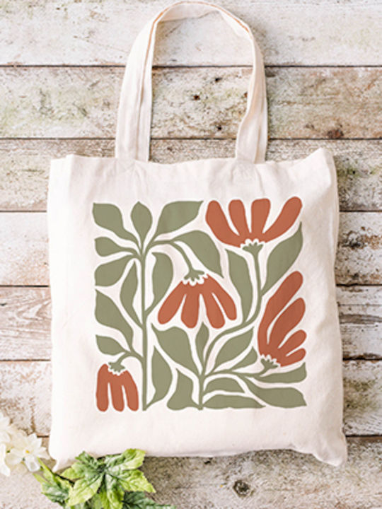 Shopping Bag Cotton Fabric Ecru Flowers 70s Design 37 Dimensions 38x40cm With Handles 38x70cm