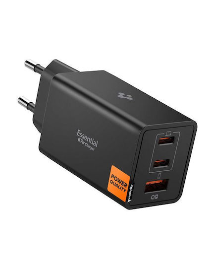 Spigen Φορτιστής Χωρίς Καλώδιο με Θύρα USB-A και 2 Θύρες USB-C 67W Power Delivery Μαύρος (Essential)