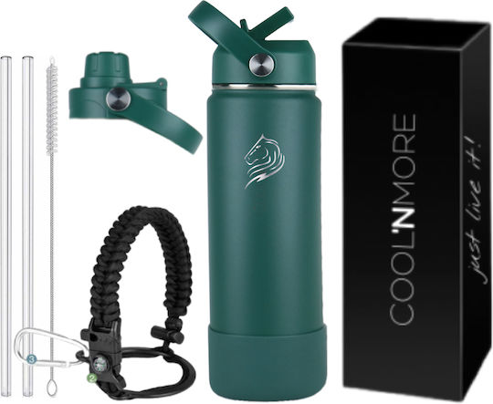 Cool'NMore Thermos Bottle Stainless Steel BPA Free 500ml Moss Green with Mouthpiece Loop Straw and Handle