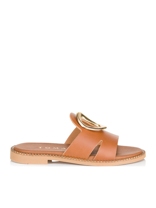 Leather Women's Flat Sandals in Tabac Brown Color