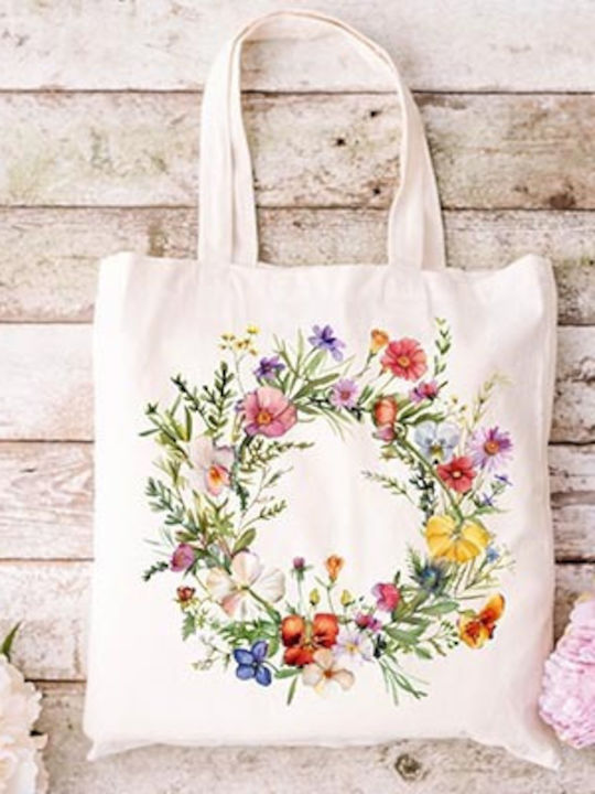 Shopping Bag Cotton Fabric Ecru Design Wreath Wildflowers Dimensions 38x40cm With Handles 38x70cm