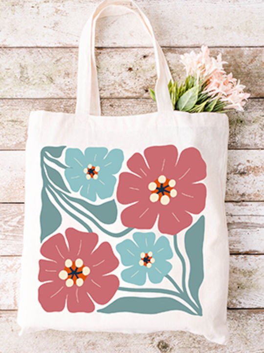 Shopping Bag Cotton Fabric Ecru Flowers 70s Design 08 Dimensions 38x40cm With Handles 38x70cm