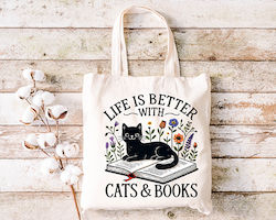 Shopping Bag Cotton Fabric Ecru Cat Design Gats & Books Dimensions 38x40cm With Handles 38x70cm