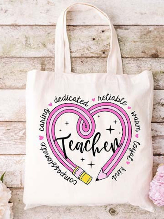 Τσάντα Πάνινη Υφασμάτινη Εκρού Σχέδιο Teacher 10 Διαστάσεις 38x40cm Μαζί Χερούλια 38x70cm