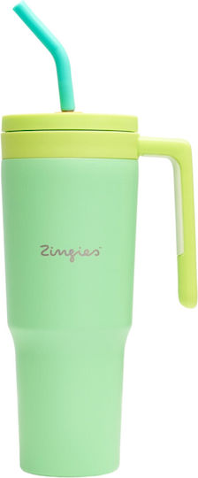 Zingies Handled Tumbler Θερμός Ανοξείδωτο / Πλαστικό BPA Free 1.18lt Aquamarine με Καλαμάκι και Λαβή