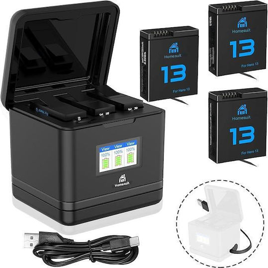 Set 3 Baterii Homesuit Ahdbt-901 GoPro Hero 13 Negru Enduro 2300 mAh Încărcător Cu 3 Canale Ecran LCD Carcasă Cablu USB Tip-C