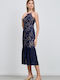 Summer Midi Dress for Wedding Christening with Lace Dark Blue