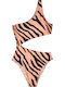 One Piece Swimsuit with Openings Animal Print Beige