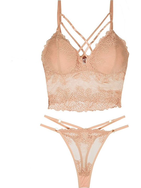 Дантелен Комплект Дамско Бельо Bralette с Прашка Beige Shenao