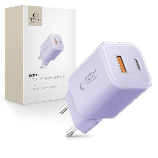 Tech-Protect Charger Without Cable with USB-A Port and USB-C Port 33W Power Delivery / Quick Charge 3.0 Baby Purple (NCM33)