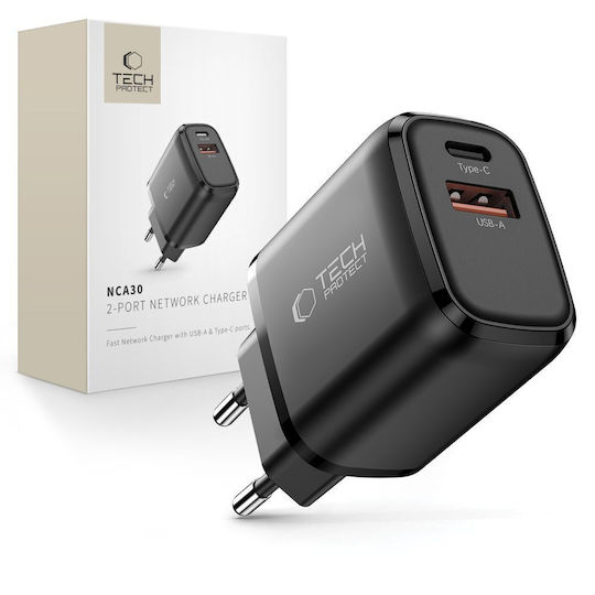 Tech-Protect Charger Without Cable with USB-A Port and USB-C Port 30W Power Delivery / Quick Charge 3.0 Blacks (NCA30)