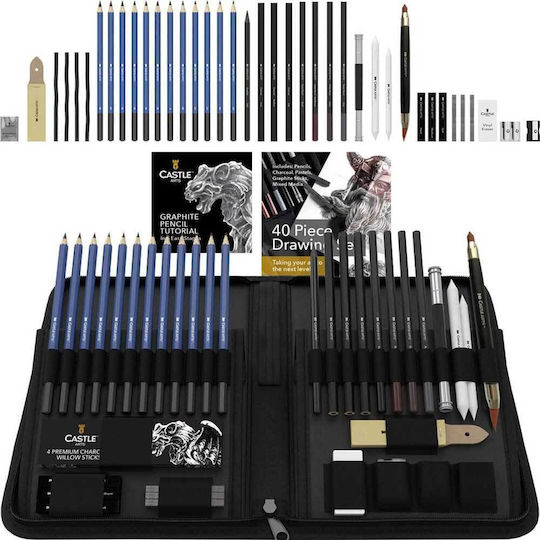 castle Art Supplies Drawing Set 40 Pieces Drawing & Sketching Instructions Coal Pencils Graphite Pencils Erasers Sharpeners Other Drawing Tools Art Accessories Zipper Case Artists Professionals & Beginners