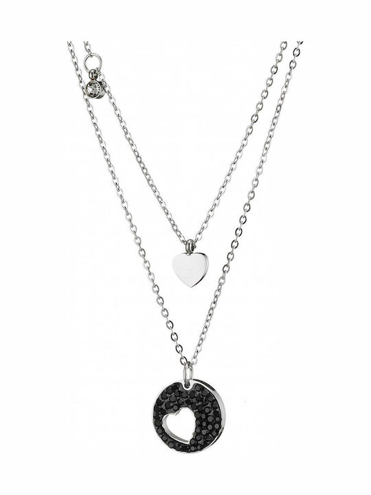 Graloro Necklace Double with design Heart from Steel with Zircon