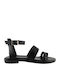 Leather Women's Flat Sandals in Black Color