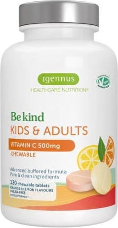 iGennus Be Kind Kids & Adults Βιταμίνη για Ενίσχυση του Ανοσοποιητικού, τo Δέρμα & Αντιοξειδωτική δράση 500mg Πορτοκάλι Λεμόνι 120 μασώμενες ταμπλέτες