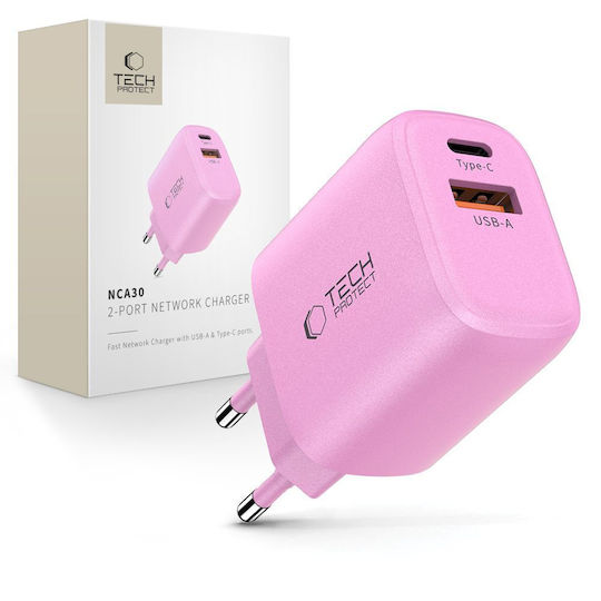 Tech-Protect Зарядно без кабел с USB-A порт и USB-C порт 30W Power Delivery / Quick Charge 3.0 Розов (NCA30)