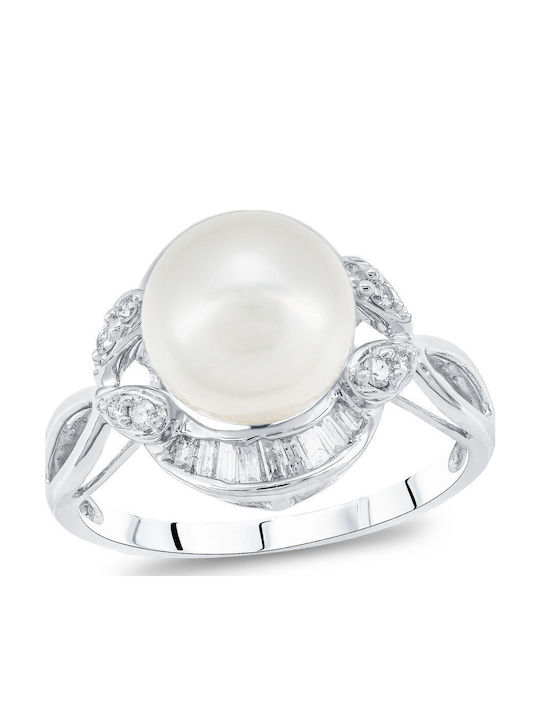 Kiriakos Gofas Ring with Pearls & Diamond made of White gold 18K