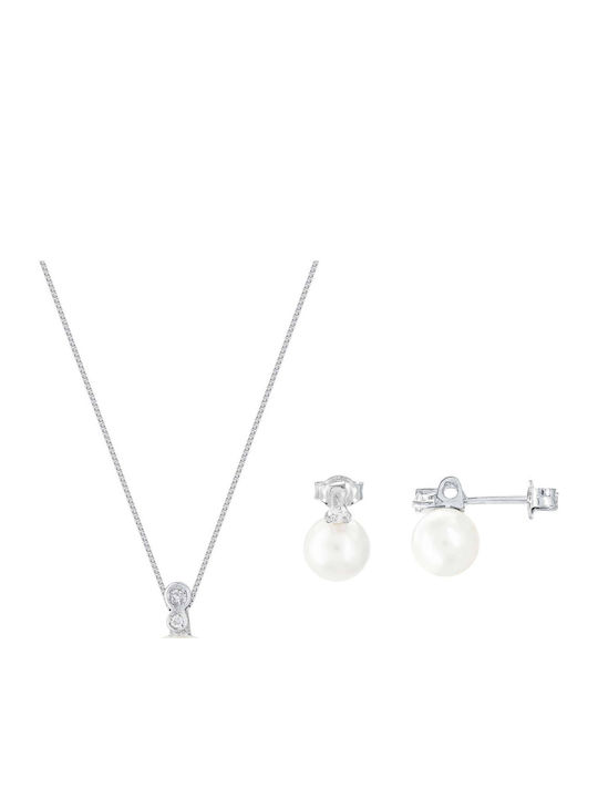 Kiriakos Gofas Set with Necklace & Earrings from White Gold 18K with Stones and Pearls