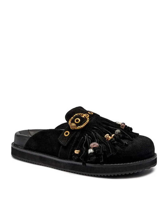 Leder Flache Sandalen für Damen in Schwarz Farbe