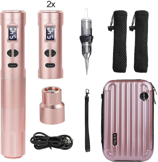 Set Micropigmentare Machiaj Permanent Sprâncene Buze Eyeliner Wireless 2 Baterii 900 mAh Ecran Oled Adaptor Rca Rose Gold
