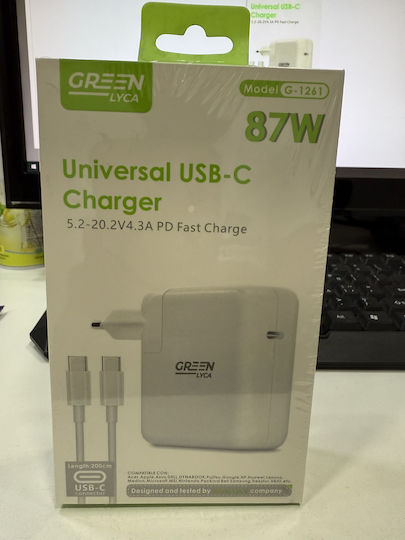 Green Lyca Φορτιστής με Θύρα USB-C και Καλώδιο USB-C - USB-C 87W Power Delivery Πράσινος (G-1261)