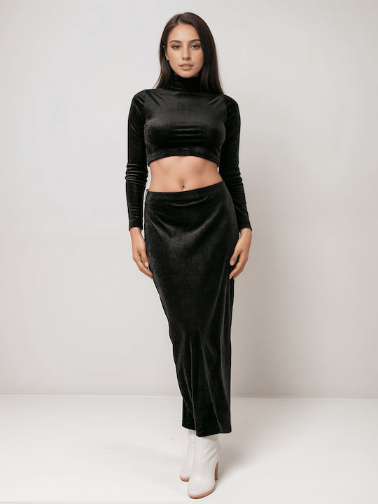 Damenrock Set mit Leder Midi Schwarz
