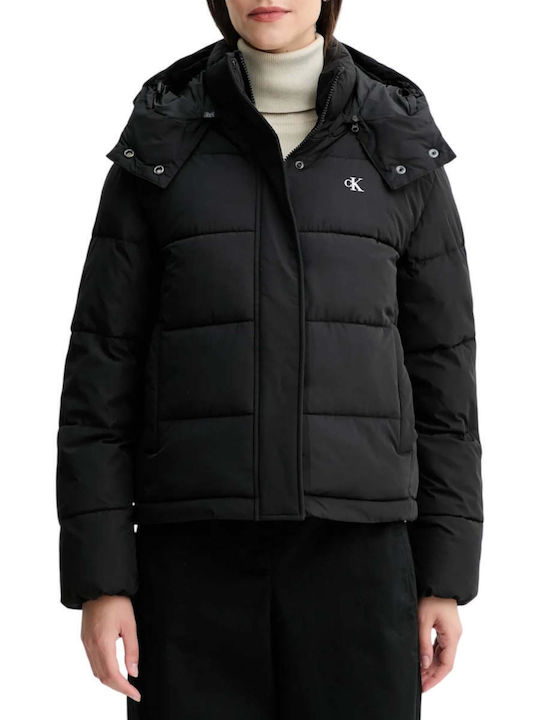 Women's Short Puffer Jacket for Winter with Hood Black