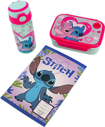 Lilo & Stitch Kinderlebensmittelbehälter Set 3 Stück 800ml & Trinkflasche mit Strohhalm 500ml & Notizbuch Nadel 40 Blatt