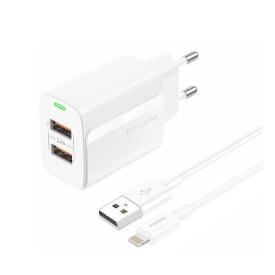 Foneng с 2 USB-A порта и кабел Lightning 12W Бял (EU63)