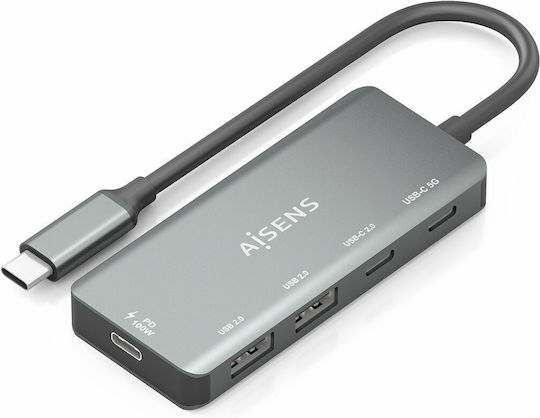 Aisens USB Хъб 4 Порта USB 2.0 с USB-C Интерфейс Ethernet Сив