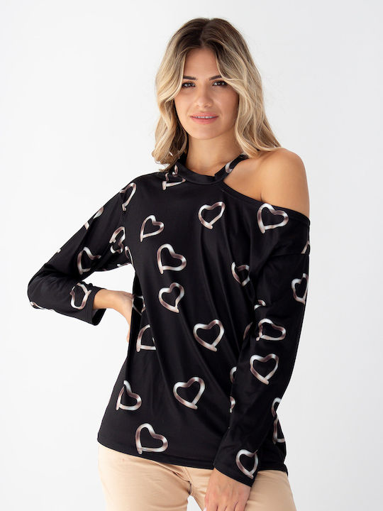 Damen Bluse Baumwolle mit einem Schulter Black