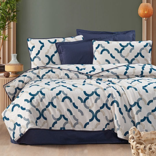 Pucioasa Set Huse Pentru Pilote 100% Bumbac 200x220cm Dublă Cu 2 Fețe De Pernă & 1 Cearșaf Albastru Geometric