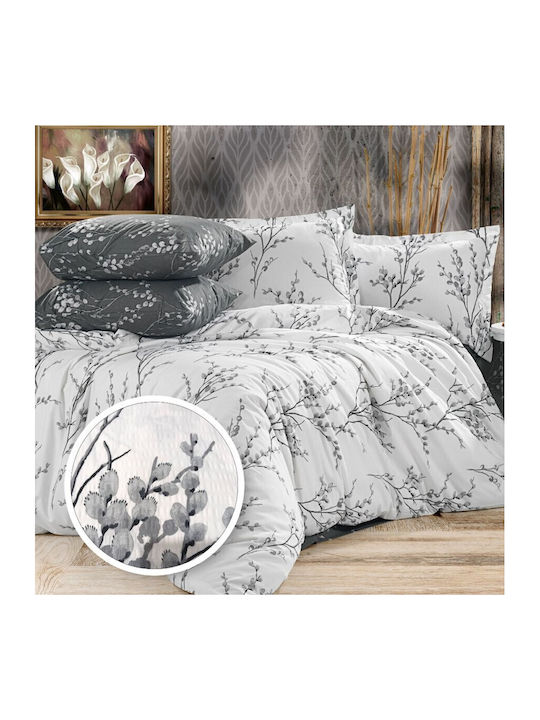 Pucioasa Set Husă de Pilotă Bumbac Semi-dublă cu Față de Pernă & 1 Cearsaf 180x220 Gray Twig And Bud